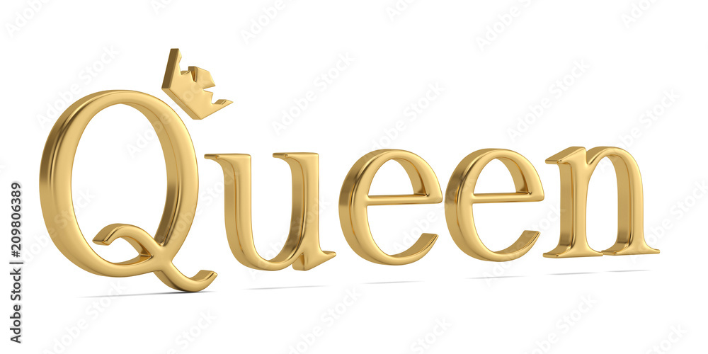 The gold word queen isolated on white background 3D illustration. Stock