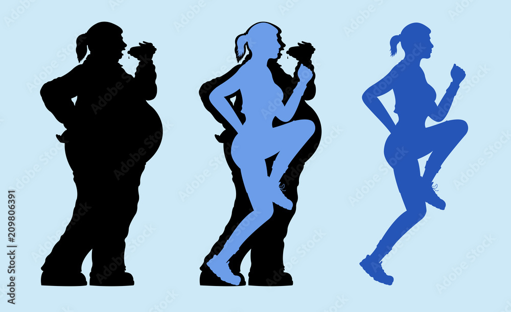 Fat and slim woman exercising silhouette