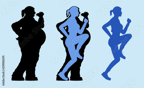 Fat and slim woman exercising silhouette