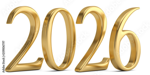 Gold new year number isolated on white background 3D illustration.