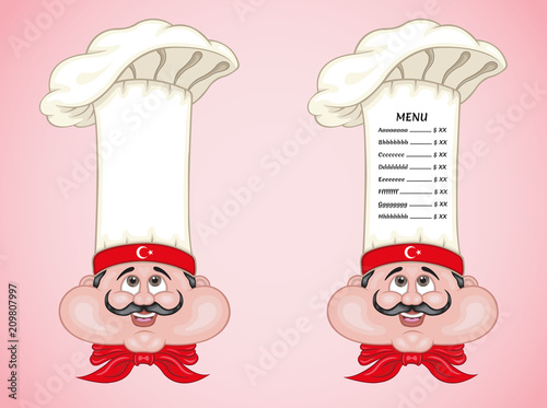 Turkish chef and menu on hat with food of Turkey