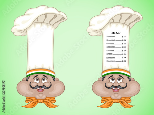 Indian chef and menu on hat with food of India