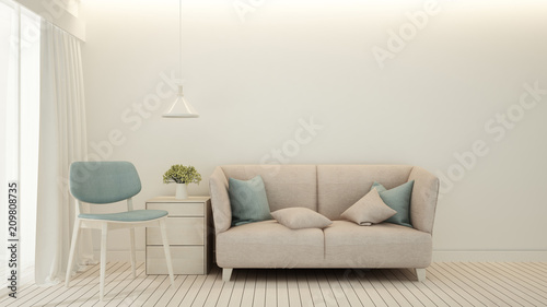 Pink sofa and light blue chair in Living room minimal design - Living room bright tone in house or apartment - Interior simple design - 3D Rendering © CHOTi