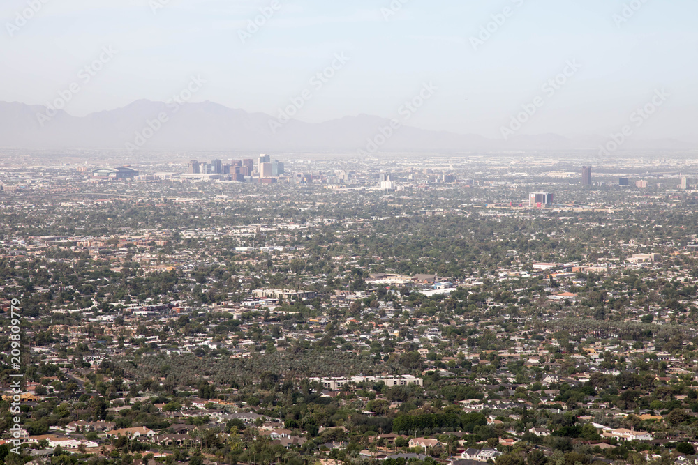 Urban skyline of Phoenix, Arizona as viewed from Camelback mountain