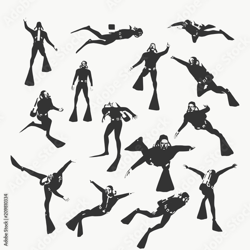 Silhouettes of diver. Set of diver icons. The concept of sport diving.
