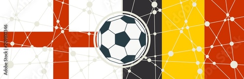Flags of countries participating to the football tournament. England and Belgium national flags. Soccer ball in the center. Connected lines with dots