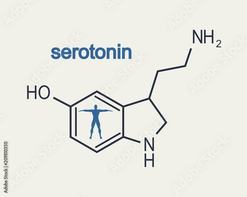 Chemical molecular formula hormone serotonin. Infographics illustration. Man silhouette