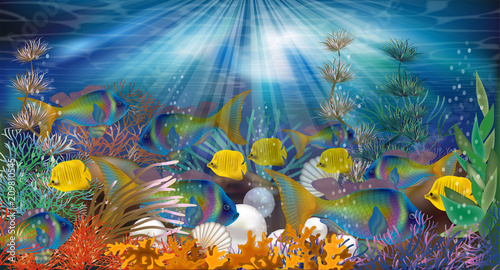 Underwater wallpaper with pearls and tropical fish, vector illustration