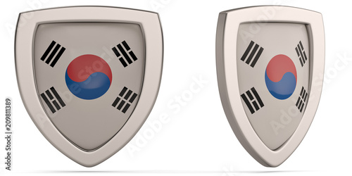 South Korea flag shield symbol isolated on white background. 3D illustration.