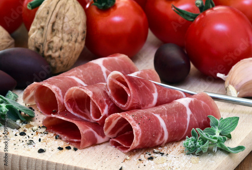 Prosciutto on Wood, Close Up, Foodstyling  photo