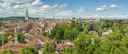 Panorama view of Berne old town from mountain top in rose garden