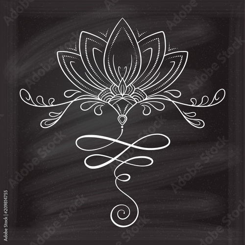 Hand drawn vector lotus flower on a chalkboard background. Oriental sacred symbol.