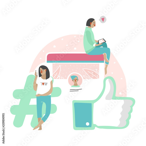 Social network communication vector illustration of people texting chat or reading newsfeed. Flat cartoon modern teen girl and boy user followers in blog account with likes and hashtags