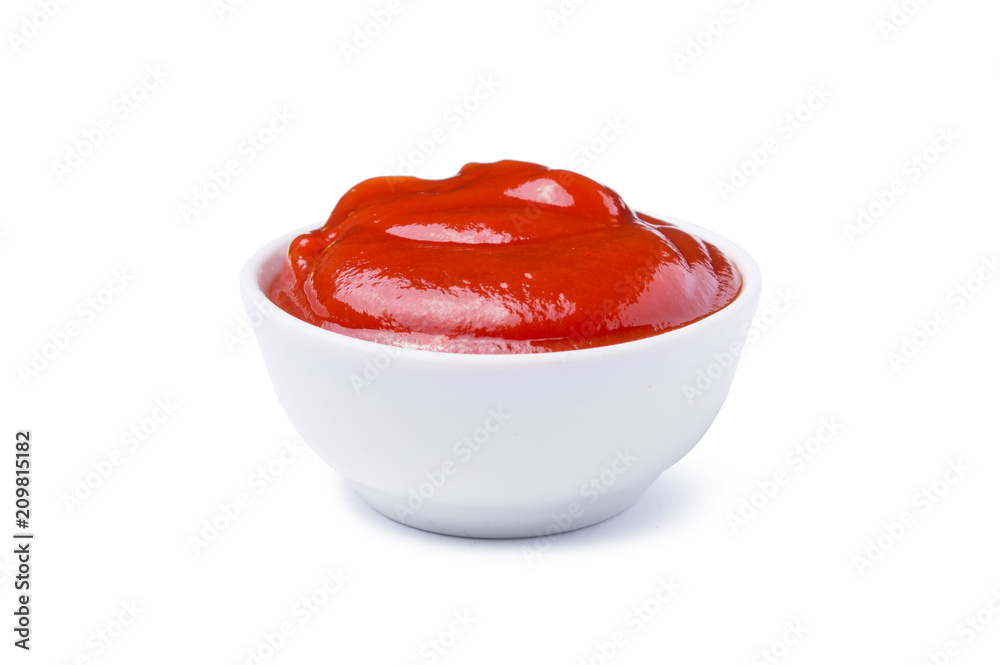 Red tasty ketchup or tomato sauce in bowl isolated on white background - obrazy, fototapety, plakaty 