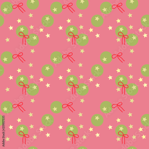 Fototapeta Naklejka Na Ścianę i Meble -  Colorful seamless pattern of star shapes, khaki colored dots, red ribbons on pink background. Vector illustration, EPS10. Use as wallpaper, backdrop, montage or print of wrapping paper, tile, fabric.