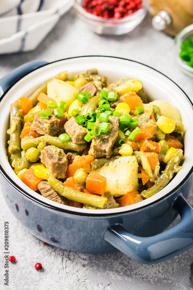 Vegetables and meat stew in a pot. Selective focus, space for text. Vegetables and meat stew in a pot. Selective focus, space for text.