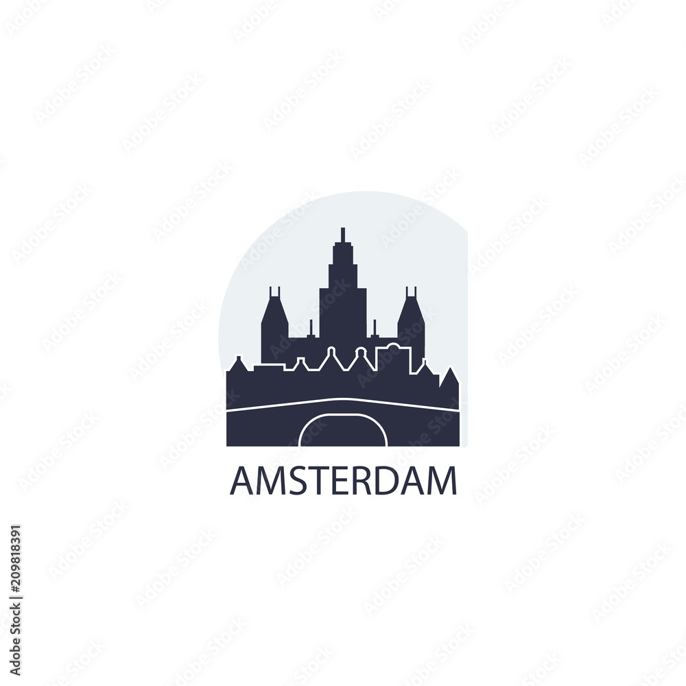 Netherlands Amsterdam city panorama view flat  logo.  Modern vector icon with Holland capital cityscape. Isolated skyline graphic