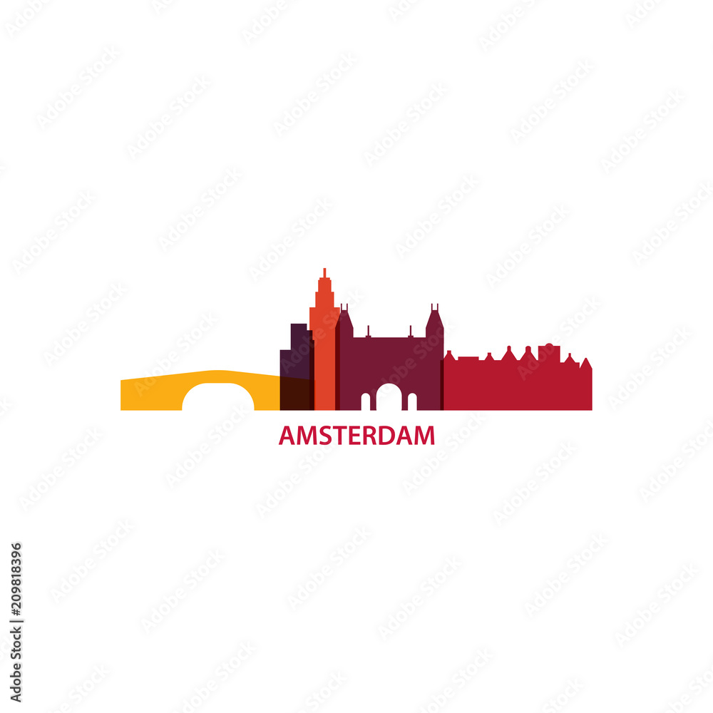 Netherlands Amsterdam city panorama view flat  logo.  Modern vector icon with Holland capital cityscape. Isolated skyline graphic