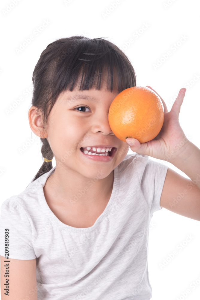 Little girl playing with fresh mandarin fruits, White background Little girl playing with fresh mandarin fruits, White background