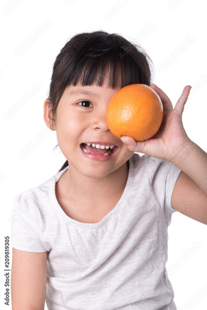 Little girl playing with fresh mandarin fruits, White background Little girl playing with fresh mandarin fruits, White background