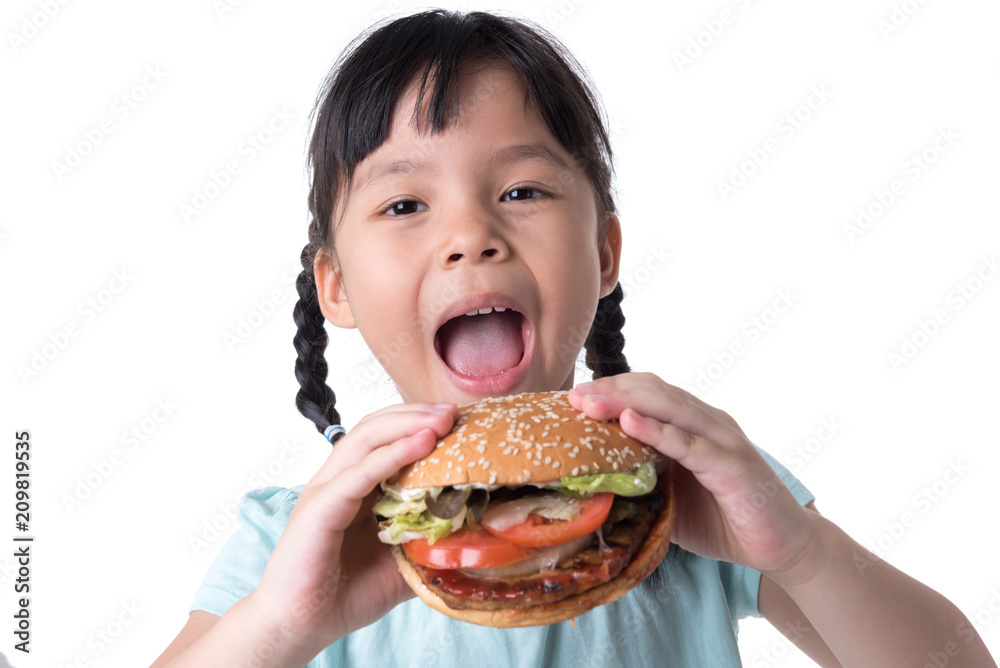 portrait of a beautiful girl, teenager and schoolgirl, holding a hamburger on a white background portrait of a beautiful girl, teenager and schoolgirl, holding a hamburger on a white background
