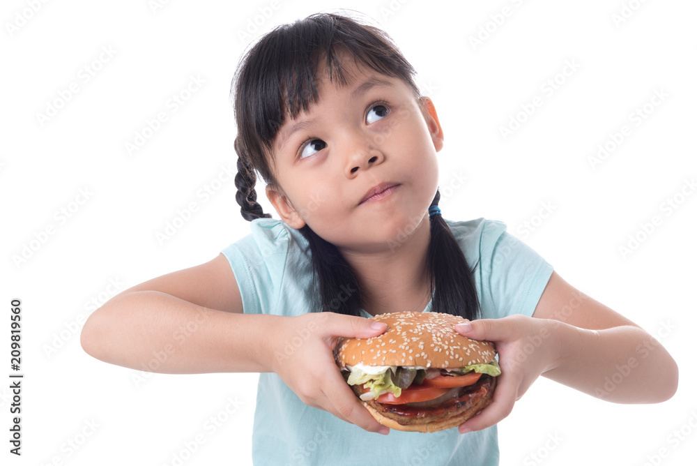 portrait of a beautiful girl, teenager and schoolgirl, holding a hamburger on a white background portrait of a beautiful girl, teenager and schoolgirl, holding a hamburger on a white background