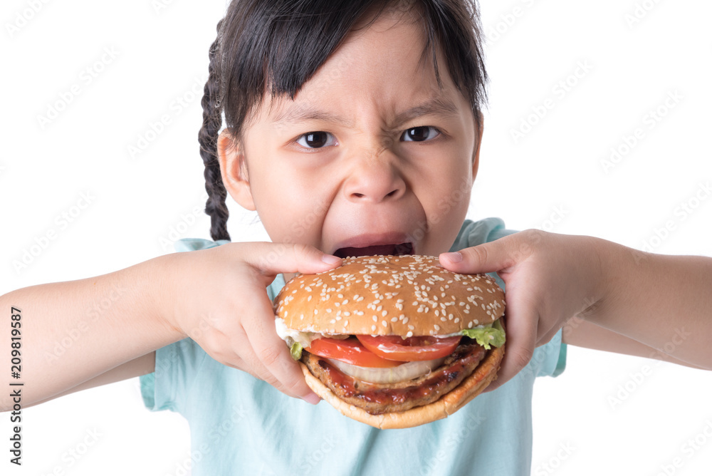 portrait of a beautiful girl, teenager and schoolgirl, holding a hamburger on a white background