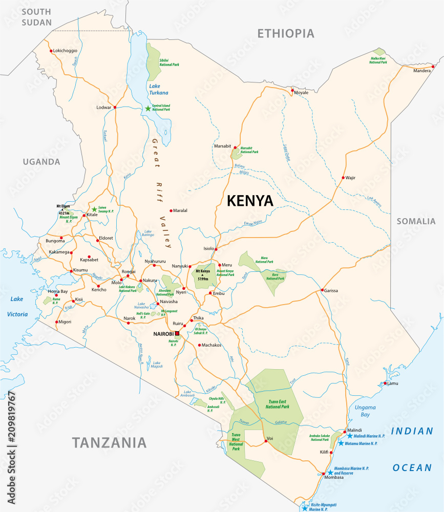 kenya road and national park vector map