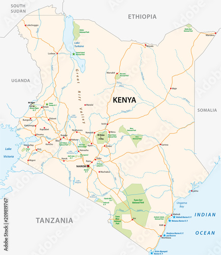Canvas Print kenya road and national park vector map