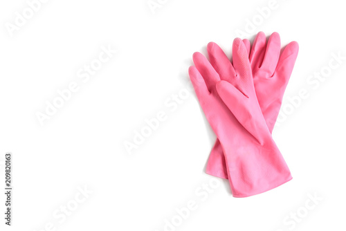 Pink rubber gloves isolated on white background.