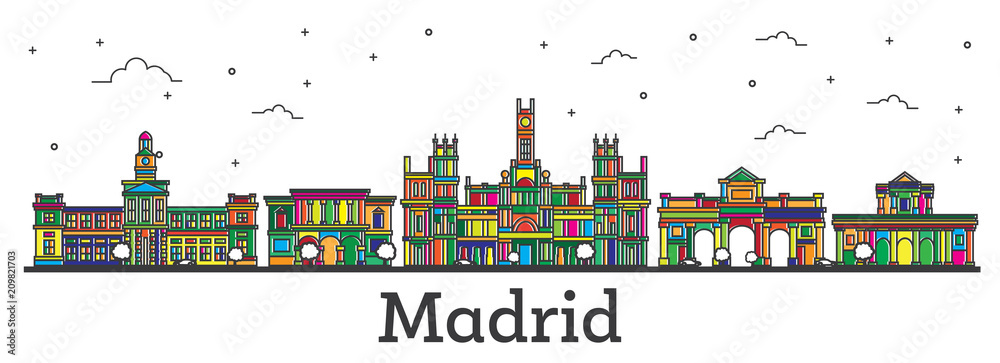 Outline Madrid Spain City Skyline with Color Buildings Isolated on White.