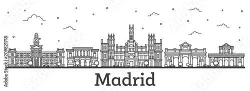 Outline Madrid Spain City Skyline with Historic Buildings Isolated on White.
