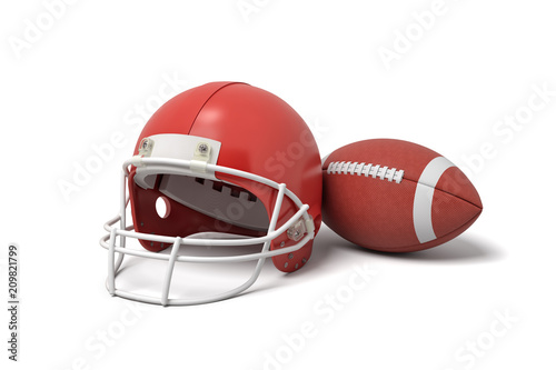 3d rendering of a red American football helmet lying near a red oval ball on a white background.