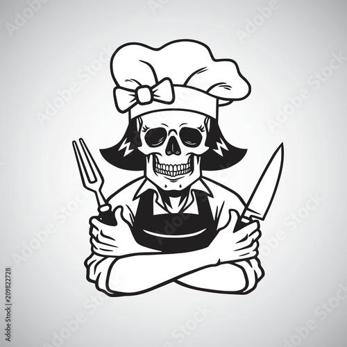 Dead Lady Skull Chef Logo Grinning with Fork, Knive, and Hat. Vector Drawing