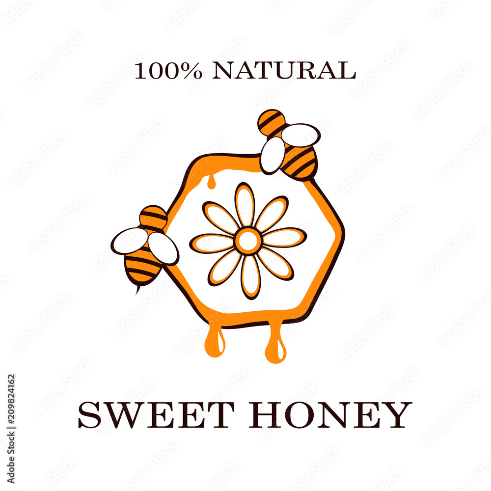 Fototapeta premium Honey and bee labels for honey logo products badges, isolated on white background. Design elements. Vector illustrations.