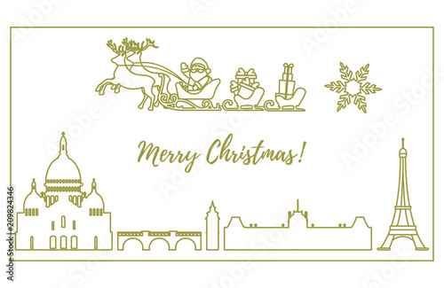 Santa Claus in sleigh with deers flying over Paris