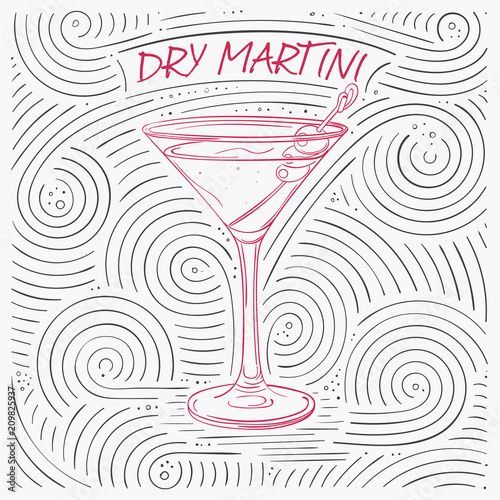 Summer Card With The Lettering - Dry Martini. Handwritten Swirl Pattern With Cocktail In Glass.