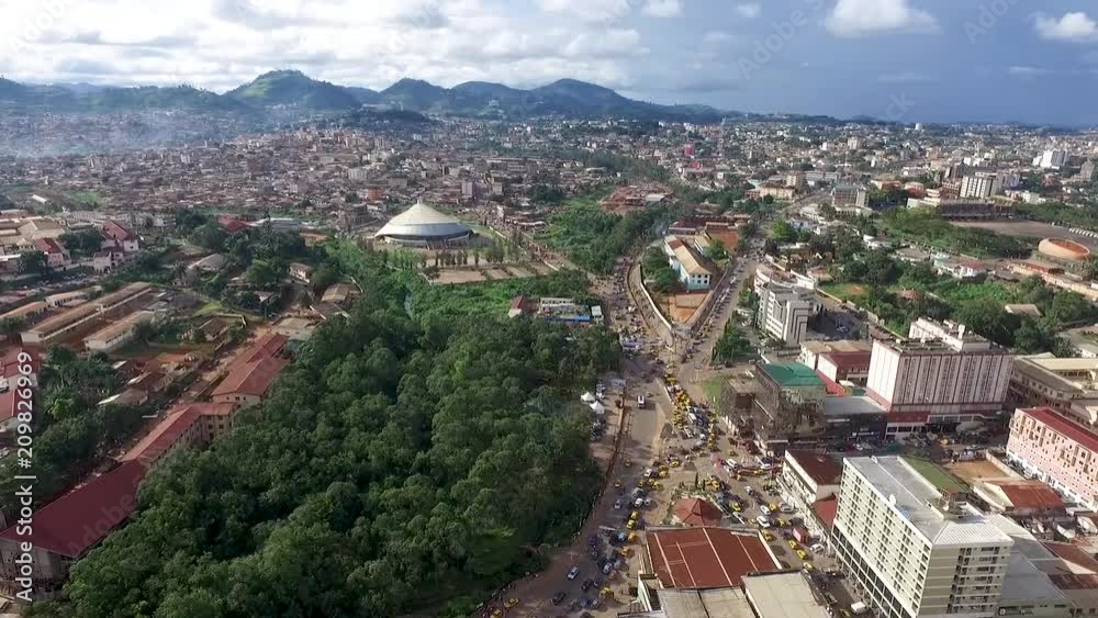 Drone flyover city of Yaoundé park at the center of town Drone flyover city of Yaoundé park at the center of town