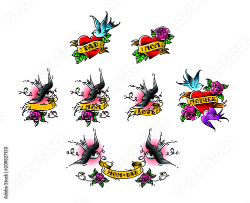 Tattoo swallows with the inscription of mom dad on tape. Vector illustration. Tattoo, American old school. Two birds Swallows, roses and congratulations for parents. The inscription on the ribbon.