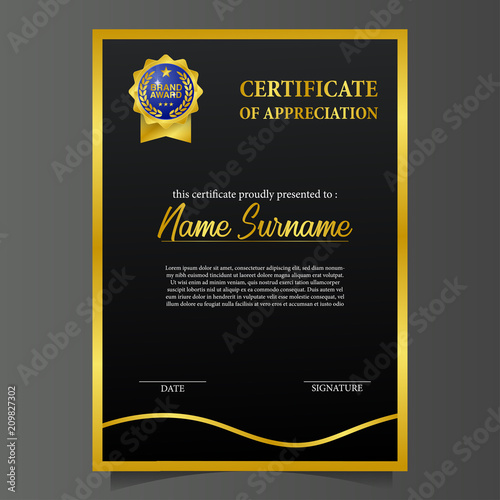beauty certificate with golden medal pin brand award and black background