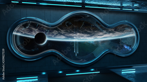 Fototapeta Naklejka Na Ścianę i Meble -  Black tech spaceship round window interior background 3D rendering