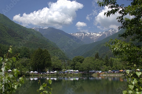 Holiday in the countryside, by the lake,against mountains with snow. © Aziza