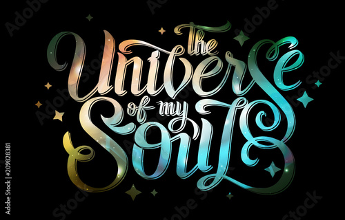 Lettering. typography design on Abstract open space background. Starfield, universe, nebula in galaxy. Vector illustration
