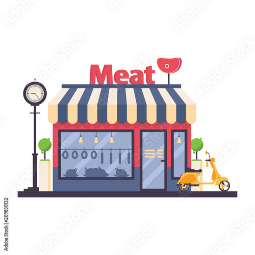 Butcher shop solated on white. Vector storefront with large word meat on rooftop. Food silhouettes of pork and chicken in window