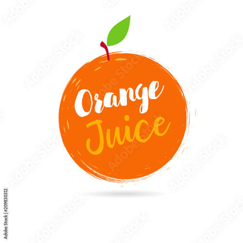 Orange juice logo design. Orange with red grunge paintbrushes, label on white background. Juice design, creative vector illustration
