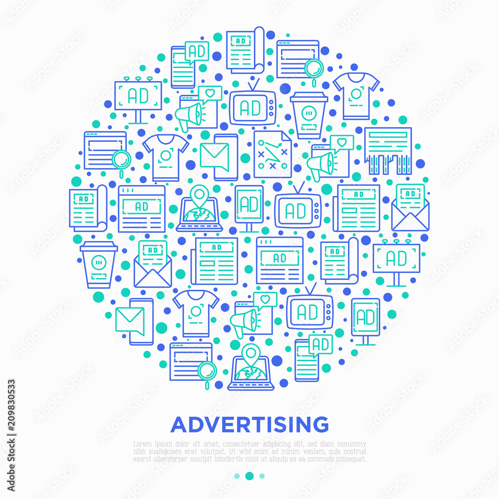 Advertising concept in circle with thin line icons: billboard, street ads, newspaper, magazine, product promotion, email, GEO targeting, social media. Vector illustration, web page template.