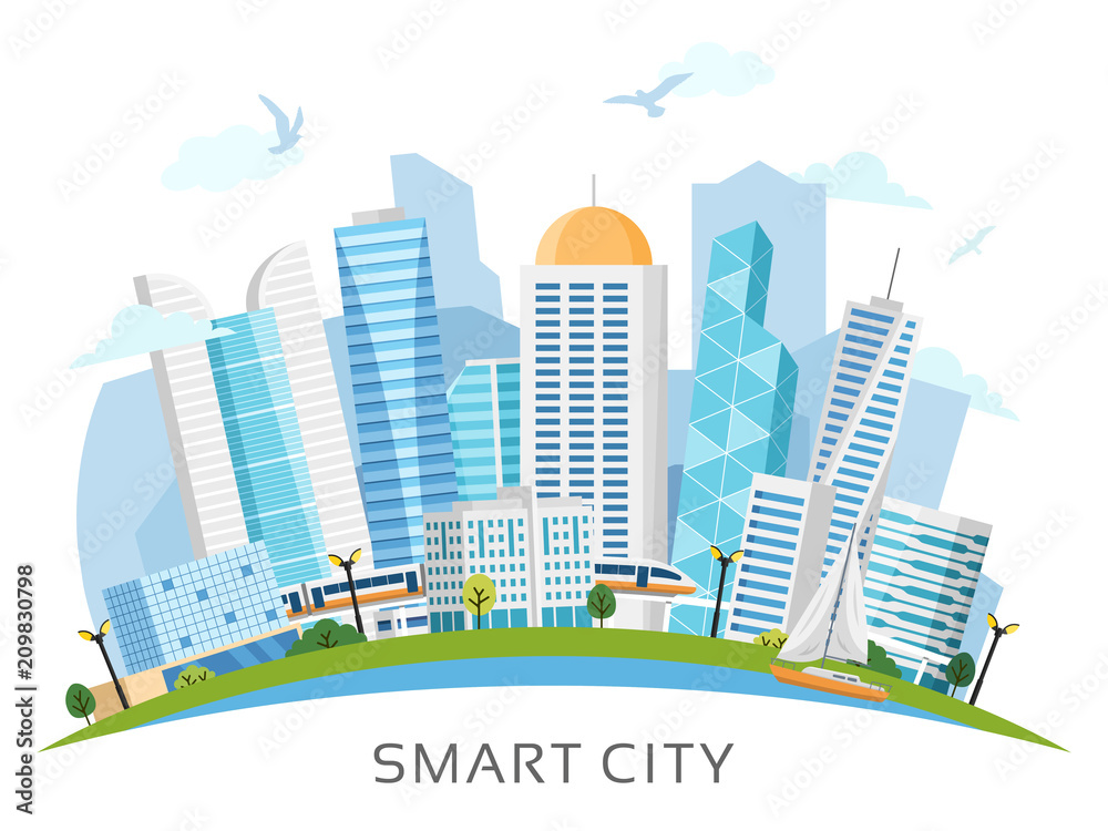 River side smart city landscape arranged in arch with skyscrapers, subway, boat. Vector illustration