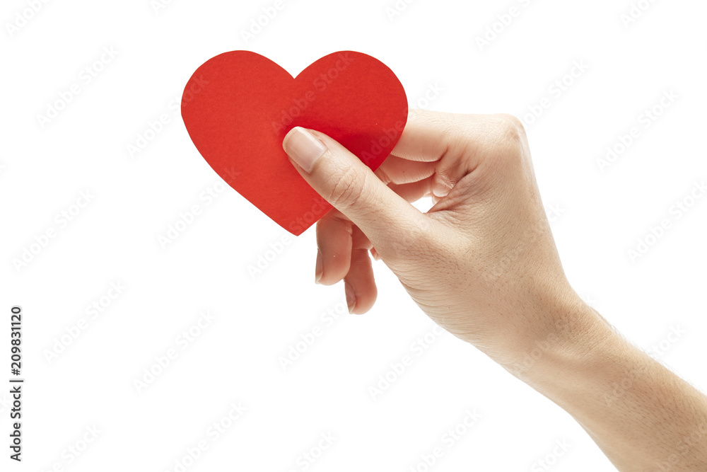red paper heart in hand isolated on white red paper heart in hand isolated on white