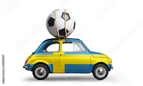 Sweden flag on car delivering soccer or football ball isolated on white background