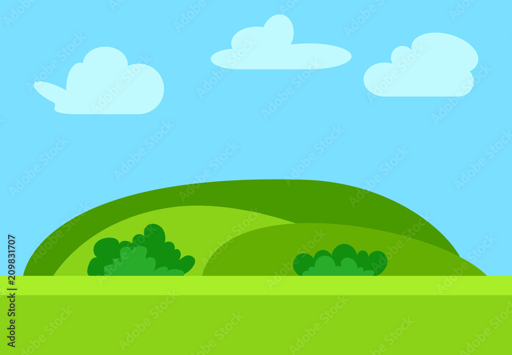 Natural cartoon landscape in the flat style with green hills, blue sky  and clouds at sunny day. Vector illustration
